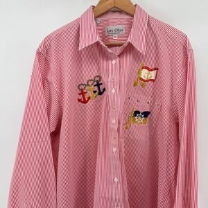 Las Olas Womens XL Vintage Red White Pinstripe Nautical Anchor Embroidered Shirt